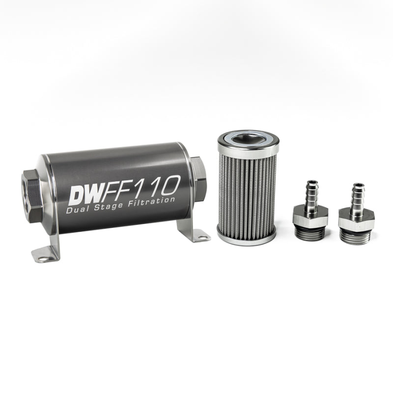 DeatschWerks Stainless Steel 5/16in 100 Micron Universal Inline Fuel Filter Housing Kit (110mm)
