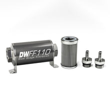 Load image into Gallery viewer, DeatschWerks Stainless Steel 5/16in 100 Micron Universal Inline Fuel Filter Housing Kit (110mm)